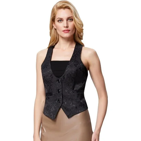 Womens Waistcoat Vest Vintage Steampunk Dress Racerback Jacquard Jacket - Picture 4 of 7